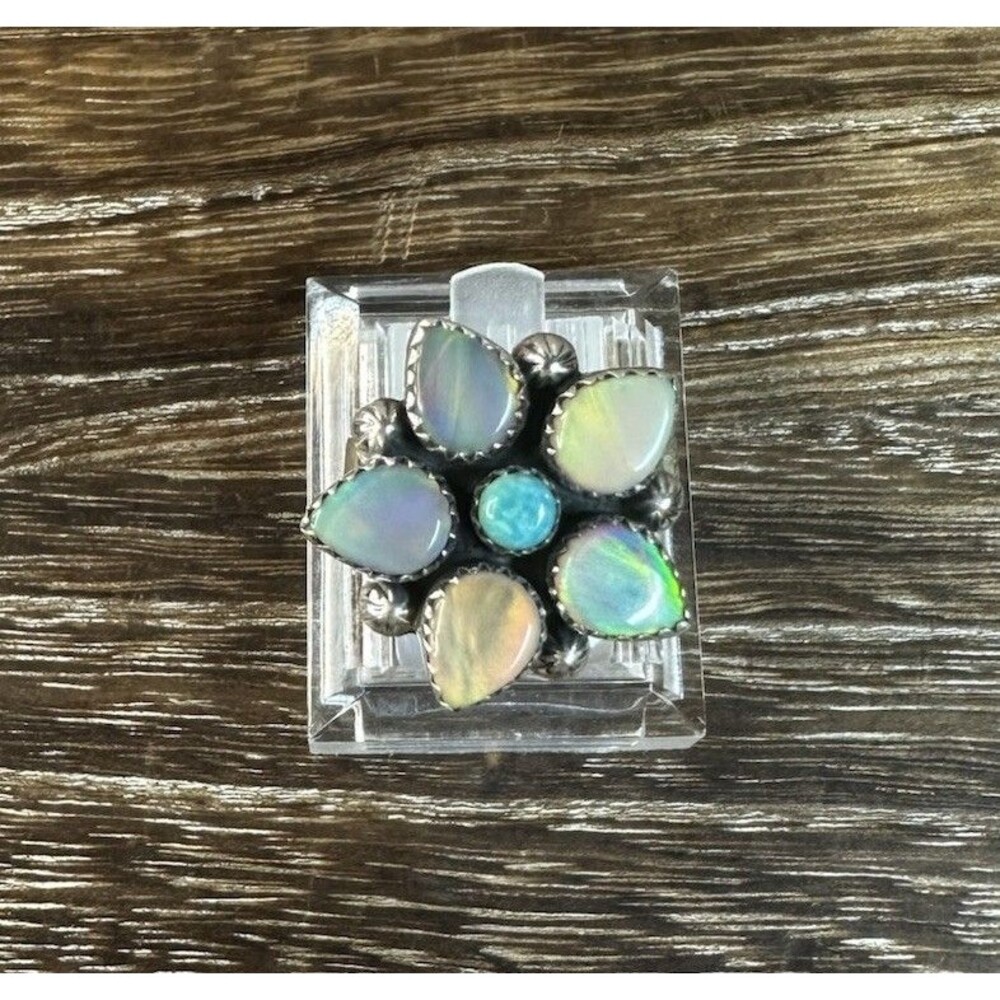 Southwest Sterling Turquoise & Multi Color Aurora Opal Flower Ring 9 Adj